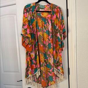 Judith March Floral Tassel Kimono in Pink, Orange & Green